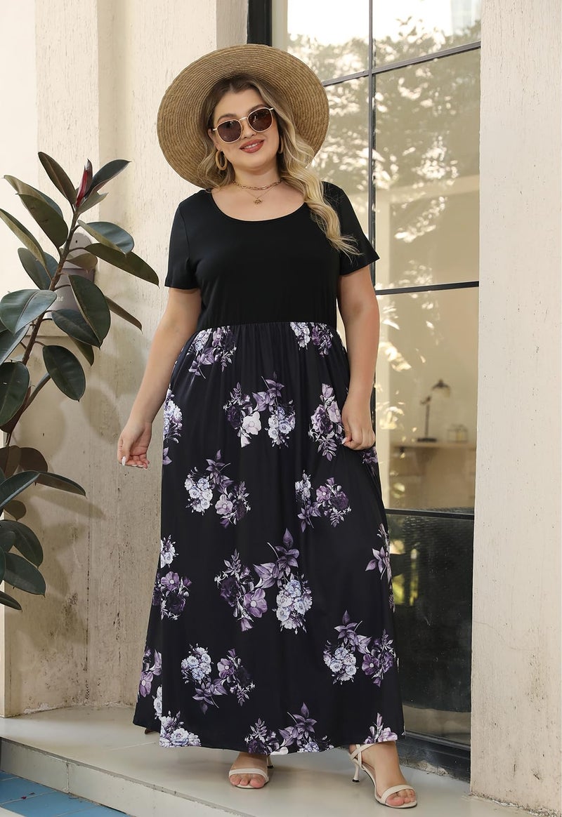 Nemidor Plus Size Maxi Dresses for Curvy Women Casual Summer Short Sleeve Chevron Print Long Dress with Pocket 14-26(155,22,PurplePrint) - Image 4